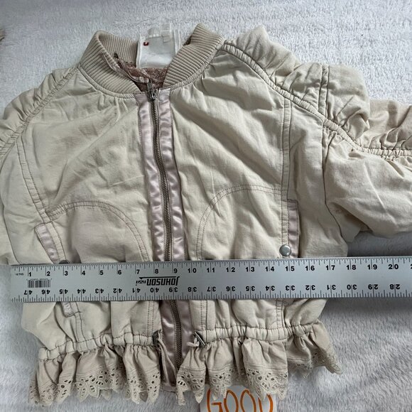 By Anthropologie Womens Ruched Lace-Trim Bomber Jacket Size XS Beige Cropped - Picture 7 of 9